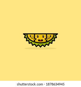 Mascota Duriana Cuta Con Un HUg De Fruta Duriana En La Piel. Simple, Divertido, Gracioso Estilo Ilustración Vector. Verde, Amarillo, Línea Negra Y Con Color, Recomendado Para El Logo De La Granja O Símbolo De Icono. 