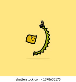 Cute Durian Mascot With A Durian Skin Eat The Fruit. Simple, Fun, Funny Style Design Vector Illustration. Green, Yellow, Black Line, And With Color, Recomended For Farm Logo Or Icon Symbol.  