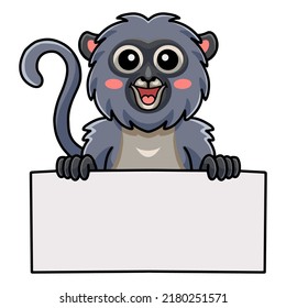 Cute dusky leaf monkey cartoon holding blank sign