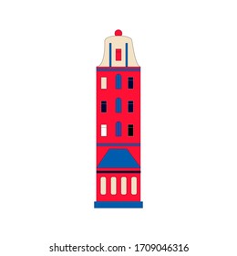 Cute Dutch red, blue house.Bright color cartoon vector illustration in flat style on isolated white background. For print, decor, textile, message, banner.