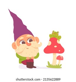 Cute dwarf character vector illustration. Cartoon small funny garden gnome sitting near autumn mushroom with frog, magic little fairytale or folklore character with beard and smile isolated on white