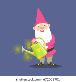 Cute dwarf gardener in pink clothes standing and holding a watering can vector Illustration