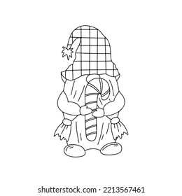 Cute dwarf in hand drawn doodle style. Gnome with candy. Fairy tale character in sketch style.