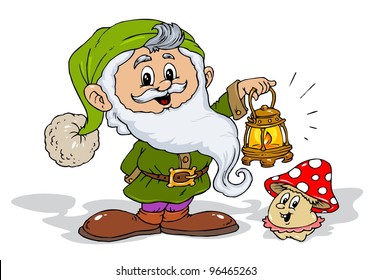 Cute Dwarf with Hand Lamp and Little Happy Mushroom - Illustration for Kids