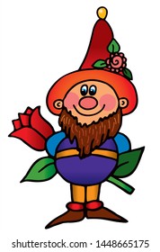 Cute dwarf is holding a flower. Colored vector for card or gift.