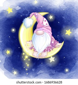 Cute dwarf in a pink cap sits on the yellow month and throws down the stars. Star watercolor texture night sky background. Children's cartoon character.