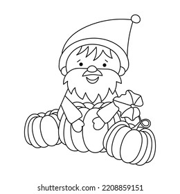 Cute dwarf and Pumpkin. Coloring book page for kids. Harvest vector composition