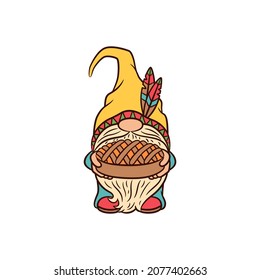 Cute dwarf with pumpkin pie. Thanksgiving gnome holding lattice pie. Funny hat with feathers. Thanksgiving greeting, dinner invitation, placement print. Swedish gnome tomte doodle vector illustration.