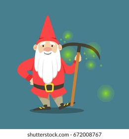 Cute dwarf in a red jacket and hat standing with pickaxe vector Illustration