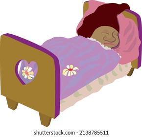Cute dwarf sleeps in a crib covered with a blanket. Vector drawing.