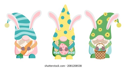 Cute dwarfs holding a basket of Easter eggs, carrot, and egg. Vector illustration in cartoon style. Isolated on white background, for the Easter holiday.