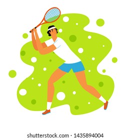 Cute dynamic man tennis player. Play tennis title. Sport and healthy lifestyle illustration for your design.