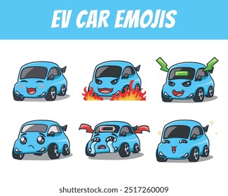 A cute and dynamic set of EV car emojis, unique expressions happy, power, anger, sad, blushing. Perfect for conveying fun emotions in automotive themed designs