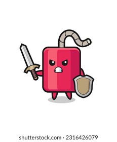 soldado dinamita lindo peleando con espada y escudo, diseño de estilo lindo para camiseta, pegatina, elemento logo