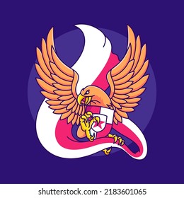 cute eagle carrying red and white flag cartoon icon illustration