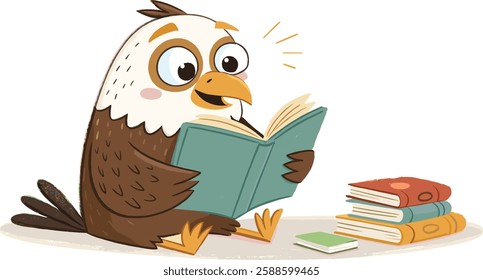 Cute Eagle Cartoon Character Reading a Book Illustrations Isolated on A White Background