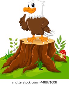 Cute eagle cartoon on tree stump