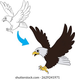 Cute Eagle Cartoon Outline and Coloring Illustration Isolated on White Background