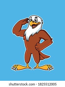 Cute eagle cartoon performing salute with funny expression. Vector Illustration with simple gradients. isolated on blue background