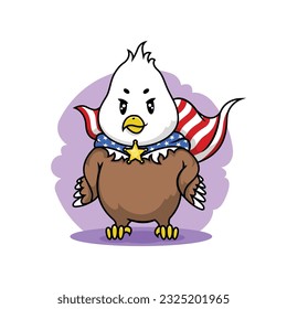 Cute eagle character with USA flag. Patriotic mascot cartoon. Vector illustration.