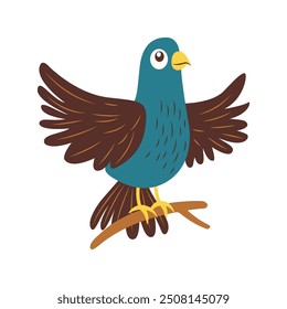 Cute Eagle Hawk Falcon Bird Animal Cartoon Character Flapping Wings on Tree Branch