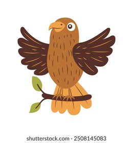 Cute Eagle Hawk Falcon Bird Animal Cartoon Character Flapping Wings on Tree Branch