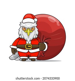 cute eagle mascot, carrying red bundle bag and wearing santa claus costume, cute animal character wearing christmas costume, front view. kawaii and shiny style, perfect for christmas content