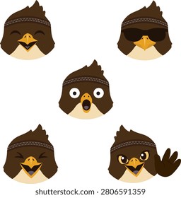 Cute eagle mascot emoji icon set featuring multiple facial expressions including happy, cool, surprised, laughing and waving. Flat vector avatar collection for UI, branding and stickers.