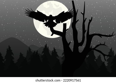 cute eagle and moon silhouette landscape
