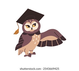 Cute eagle owl in graduate cap pointing to smth with wing. Wise bird shows route, way with hand gesture. Academic animal finished school, college. Flat isolated vector illustration on white background