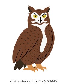 Cute eagle owl, hand drawn in flat design, wild night bird vector illustration, isolated on white