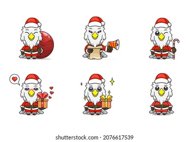 cute eagle set, animal character bundles in santa costumes, animals wearing christmas costumes. cartoon in kawaii style, chibi mascot. very suitable for Christmas content. for adult or child