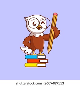 Cute Eagle Standing on Books Holding a Pencil – Funny School and Study Illustration