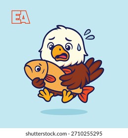 Lindo águila luchando para sostener una Ilustración vectorial de dibujos animados de peces gigantes