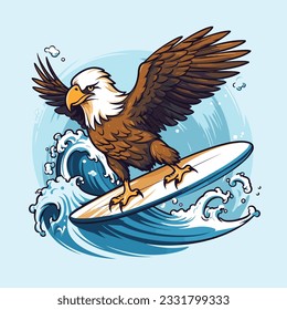 cute eagle surfing vector illustration