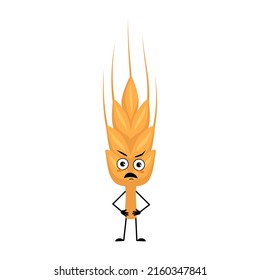 El oído lindo del personaje de trigo con emociones enojadas, cara gruñona, ojos furiosos, brazos y piernas. Cereal saludable con expresión irritada y postura, comida rica en vitaminas. Ilustración plana del vector