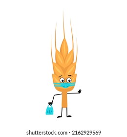 Cute ear of wheat character in medical mask and keep distance, hands with shopping bag and stop gesture. Healthy cereal with care expression and posture, vitamin rich food. Vector flat illustration