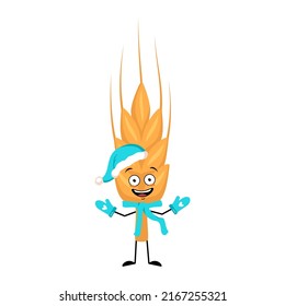 Cute ear of wheat character in Santa hat with happy emotion, face, smile eyes, arms and legs. Healthy cereal with expression and posture, vitamin rich food. Vector flat illustration