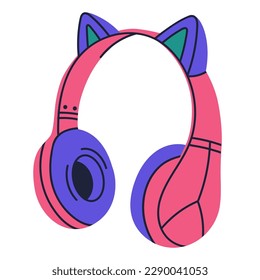 Cute eared headphones. Pink wireless music gadget, portable electronic music device kawaii flat vector illustration on white background