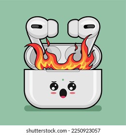 cute earphone wireless on fire, vector illustration 