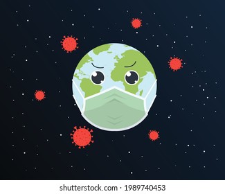 Cute Earth Afraid from the Coronavirus that surrounds it. Joining forces to help prevent corona virus