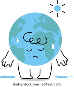 Cute earth cartoon character sweating under sun. Eco sticker vector illustration. Global warming warning.