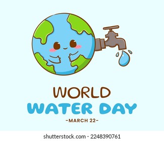Cute earth cartoon character. World water day concept design. Flat cartoon style. Isolated white background. Vector art illustration.