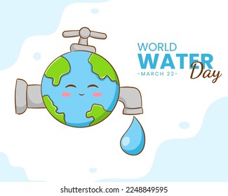 Cute earth cartoon character. World water day concept design. Flat cartoon style. Isolated white background. Vector art illustration.