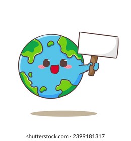 Cute earth cartoon holding empty board. World concept design. Isolated white background. Globe flat vector illustration.