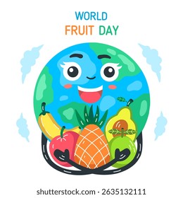 cute earth cartoon hugging various fruits.illustration with world fruit day theme.vector isolated on white background