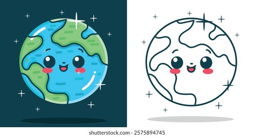 A cute earth cartoon illustration for a sticker, design element, or coloring book element