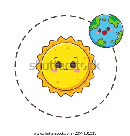 Cute earth cartoon orbiting around Sun. World concept design. Isolated white background. Globe flat vector illustration.