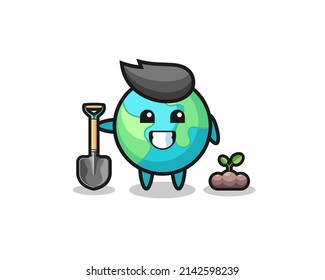 cute earth cartoon is planting a tree seed , cute design