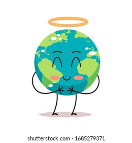 cute earth character angel with nimbus cartoon mascot globe personage showing facial emotion save planet concept isolated vector illustration